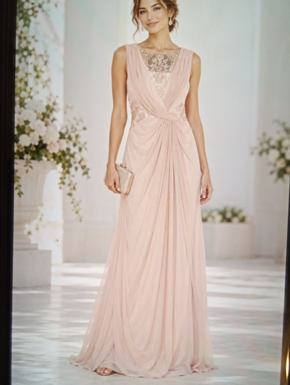 Tadashi Shoji Sharman Draped Mesh Lace Gown Antique Pink